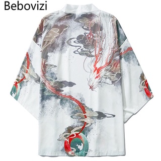 bebovizi ropa asiática japonesa dragón kimono streetwear hombres mujeres cardigan harajuku blanco yukata túnica ropa tradicional