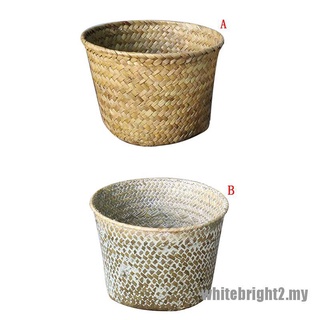 [Blanco] cesta de almacenamiento de hierba de ratán caja contenedor organizador de ropa soportes de lavandería (1)