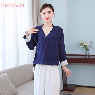 Blanco azul algodón lino tradicional Hanfu blusa Tops para las mujeres Cosplay antiguo disfraz canción dinastía ropa (1)