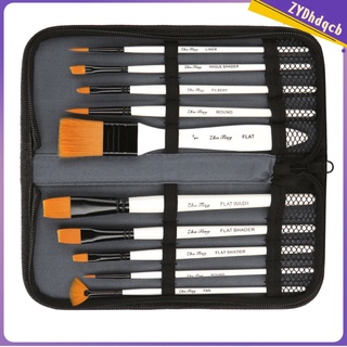 10Pcs Nylon Hair Oil Acrylic Watercolor Painting Brushes Set w/ Zipper Case