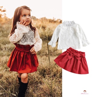 Xzq7-kids - conjunto de ropa Casual para niñas, cuello alto, dobladillo de encaje y falda de Color sólido