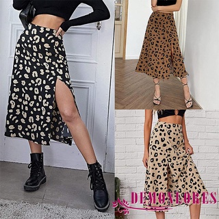 Demq-falda Casual de media longitud de la moda leopardo impresión Split una línea de faldas