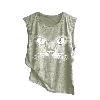 kooobes moda mujer O-cuello gato impresión chaleco sin mangas blusa (1)