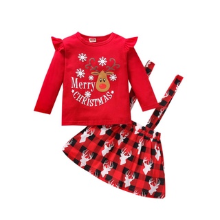 ♀Sj✮2 piezas de trajes de navidad para niños pequeños, renos O-cuello de manga larga camiseta + tirantes a cuadros falda para niñas, 18