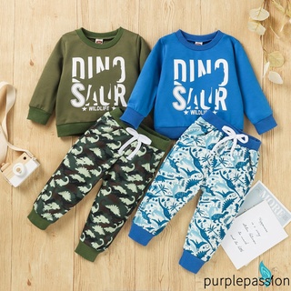 Purp-boys Casual conjunto de ropa de dos piezas, letras y dinosaurio impreso patrón jersey y pantalones