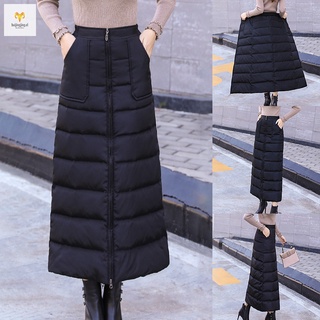 Winter Down Cotton Skirt High Waist Zip up Long Warm Skirt Thickening Women A-line Skirts