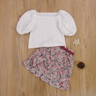 Ll5-girls ropa de Color sólido corto Puff manga cuello cuadrado Tops + falda de impresión Floral con cintura
