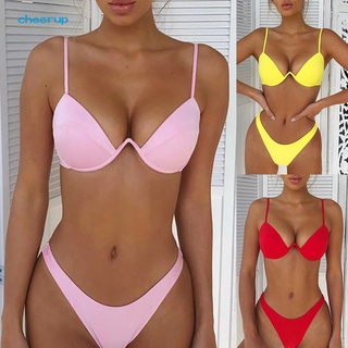 Ausbl_sexy mujeres traje de baño de Color sólido con aros sujetador G-string calzoncillos playa Bikini conjunto