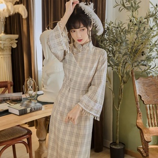 [qi Sha]mejorado estilo Cheongsam otoño e invierno niña joven Cheongsam vestido república de China estilo vestido a cuadros Cheongsam