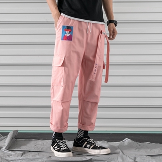 Cargo Harem Pink Pants Mens Casual Joggers Baggy RIbbon Tactical Trousers Harajuku Streetwear Hip Hop Pants Men