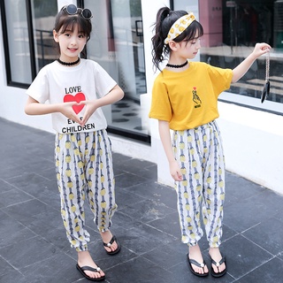 Girls' Suit 2021 New Summer Clothes Fashionable Short Sleeve T-shirt Anti Mosquito Pants Children Children and Teens Pants Two-Piece Suit Fashion-Meichun 84