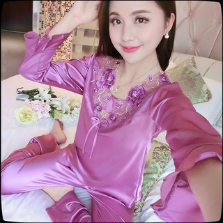 [en Stock] versión coreana de verano de seda pijamas de las mujeres de manga larga de hielo de seda delgada de encaje de dos piezas traje