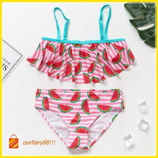 Niñas Split Bikini traje de baño rayas sandía impresión niños volantes traje de baño/bebés Ourfairy88.Br (1)