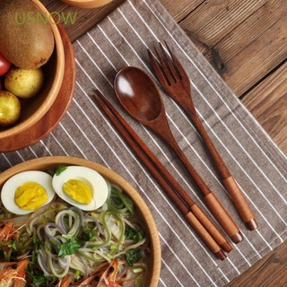 Usnow 3 piezas de cubiertos de mango largo tenedor palillos cuchara Set vajilla portátil de madera sopas de arroz Natural hecho a mano utensilios de cocina