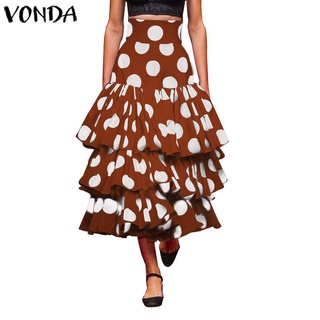 Vonda Women Casual High Waist Pleated Polka Dot Print Party Layered Long Skirts