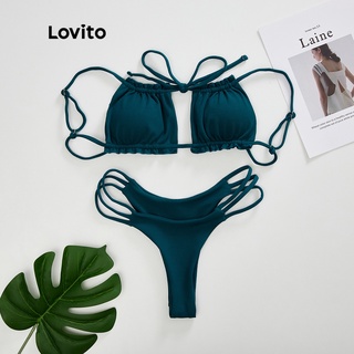Lovito Set de Bikini Sexy Liso Frunce Lazo L11112