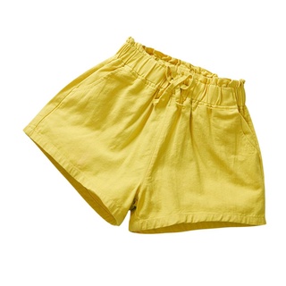 ♀Hq☾Pantalones cortos de verano para bebé niña, niños de Color sólido, bolsillo inclinado, pantalones con lazo (amarillo claro, verde claro) (4)