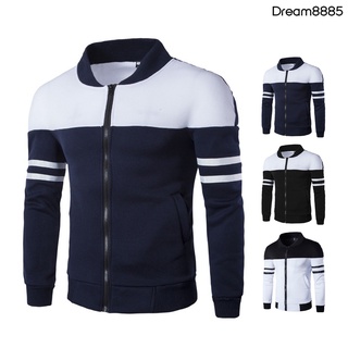 [DM MJkt] Men Autumn Winter Stripe Long Sleeve Zip Pockets Coat Color Block Varsity Jacket