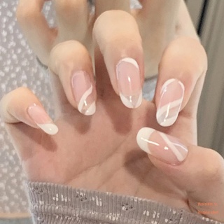 24pcs líneas blancas parche de uñas tipo pegamento extraíble párrafo largo moda manicura ahorrar tiempo falso parche de uñas
