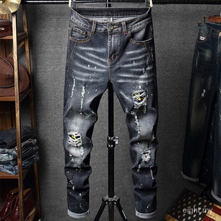 Hombres Ripped Slim Jeans High Street moda agujero Hip Hop Rock Boy Beggar pantalones bordado elasticidad Denim negro pantalones g9Mo