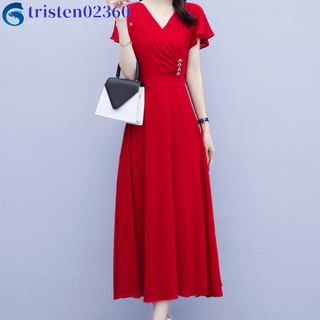 tristen02360 Women Dress Fashion V-neck Short-sleeve Skirt Solid Color Waist-slimming Long Skirt
