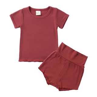 ✿Ug✮2 piezas Unisex Casual trajes, bebé Color sólido manga corta cuello redondo jersey + pantalones de talle alto