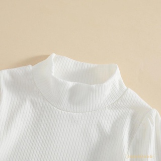 Laa6-2pcs niñas otoño Color sólido cuello alto linterna manga blusa + botones falda corta (4)