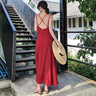 Women Spaghetti Strap Dress Backless Vintage Slim Fit Slit Dress for Summer (4)