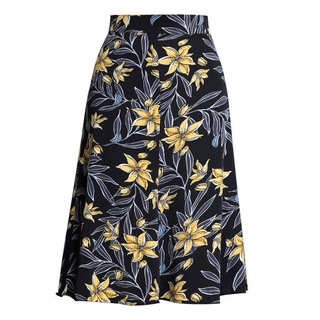 Falda floral floral Falda plisada de una línea de longitud media para mujer Falda larga de gasa de cintura alta de primavera y verano (8)