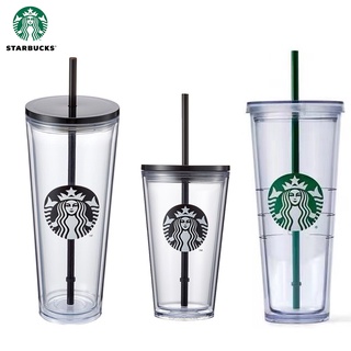 Limited Starbucks taza con paja clásica Starbucks vaso de paja taza fría taza de plástico de doble capa reutilizable taza de paja fría taza transparente 470/710 ml ins estilo