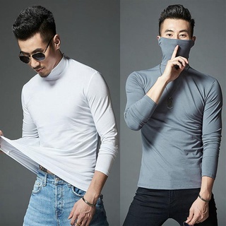 Calidad de algodón cuello alto fondo camisa de los hombres de manga larga camiseta slim fit grande elástico cuello medio guapo