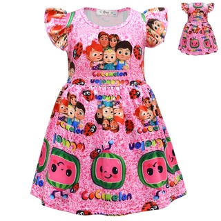 Cocomelon niñas vestido de verano ropa de niños niñas aleteo manga bebé princesa vestidos de fiesta de cumpleaños regalos de dibujos animados vestido de niños