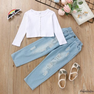 Hian-girl camiseta y pantalones traje de moda Color sólido chaqueta de manga larga y pantalones de mezclilla rasgados (3)