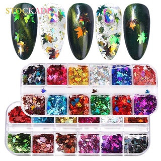 STOCKADE New Maple Leaf Manicure Nails Glitter Nail Sequins 3D DIY Multicolor Flakes Paillettes 12Grid-Boxes Nail Art Decor Holographic Gold Fall Leaves