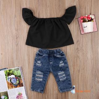 Lchic-lace baby baby girls Outfits Outfits de Ombro Top Denim Calças Jeans conjunto de Roupas 4 años