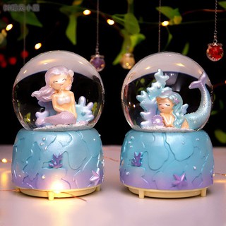 Creative Girl Heart Mermaid Crystal Ball Automatic Snow Floating Lantern Music Music Box Home Decoration Birthday Gift