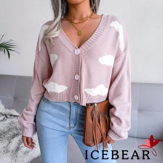 Ice-mujer botón abajo suéteres de punto de manga larga cuello V nube impresión suelta Cardigans