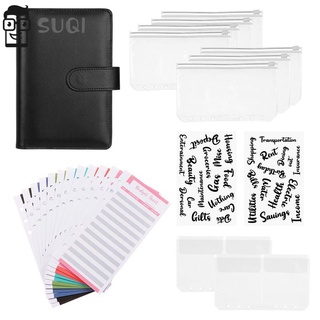 Suqi práctico presupuesto carpeta de cuero bolsillos A6 carpeta cubierta cubierta de la PU etiquetas planificador de billetes