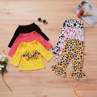 B: conjunto de ropa Floral/Spot Print para niñas, cuello de barco de manga larga con volantes y pantalones planos