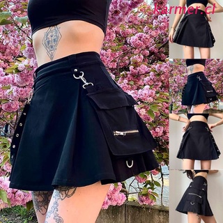 kar3 mujeres gótico punk cintura alta negro plisado una línea mini falda hebilla cinturón bolsillo irregular patchwork harajuku streetwear