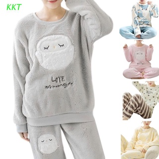 KKT Womens Long Sleeve Pajamas Set Thick Warm Flannel Suit Cartoon Animals Sleepwear