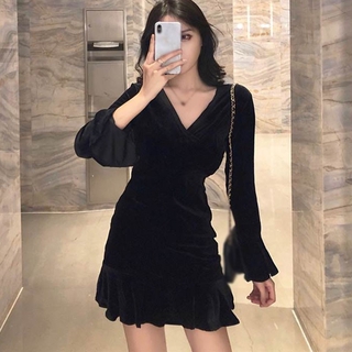 nueva moda eleagant manga larga delgada v-cuello negro vestido