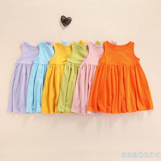 Cht-Kids vestido, Color sólido cuello redondo sin mangas de una sola pieza vestido de verano, naranja/rosa/verde/amarillo/azul/púrpura
