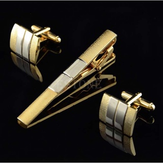 DU Fashion Men Necktie Tie Bar Clasp Clip Cufflinks Sets Gold Simple Party Gift New