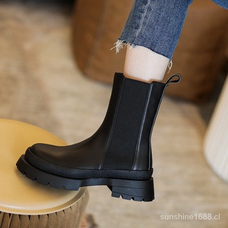 Listo Stock Gu Yun Chelsea Boots2021otoño Nuevo Negro Martin Botas De Mujer Estilo Británico Tobillo De Fondo Grueso Mediados