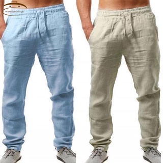Men Cotton and Linen Trousers Loose Pants Casual Blue M