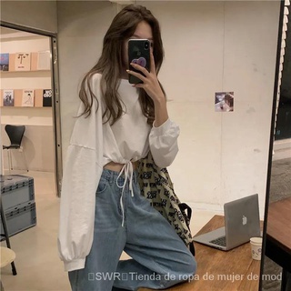 [swr]estilo coreano suelto de cintura alta de manga larga blanca blanca camiseta crop top (3)