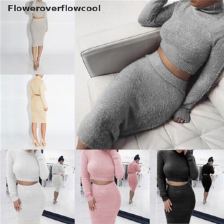 fccl mujeres moda 2pcs falda conjunto de manga larga recortada superior lápiz falda de punto trajes calientes