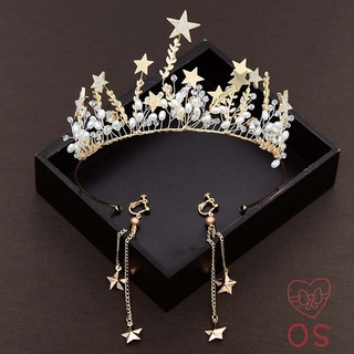 Moda Color oro pentagrama novia corona joyería diamantes de imitación estrellas corona Tiaras para novia princesa boda pelo joyería