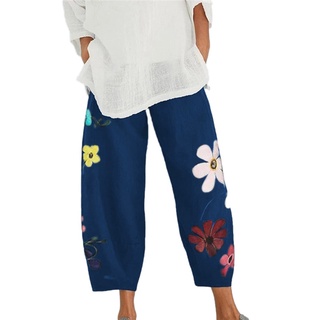Loose Casual Pants Women Cropped Trousers Floral Printed Elastic Waist Pants with Pocket Pants (4)